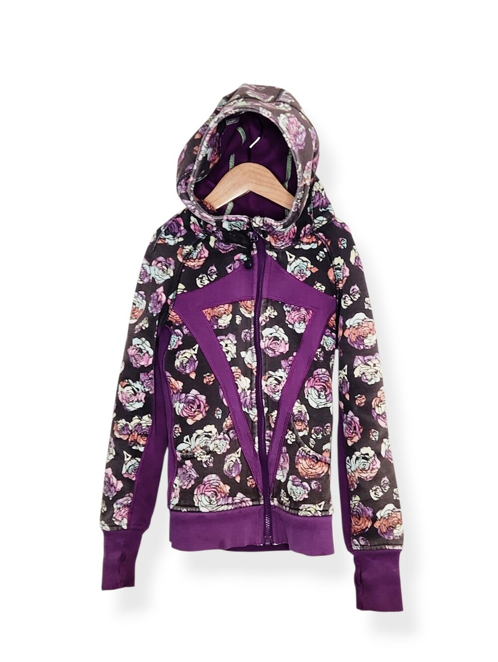 Iviva Lululemon Girls Floral Purple Zippered Hoodie Sweat Jacket Size 8